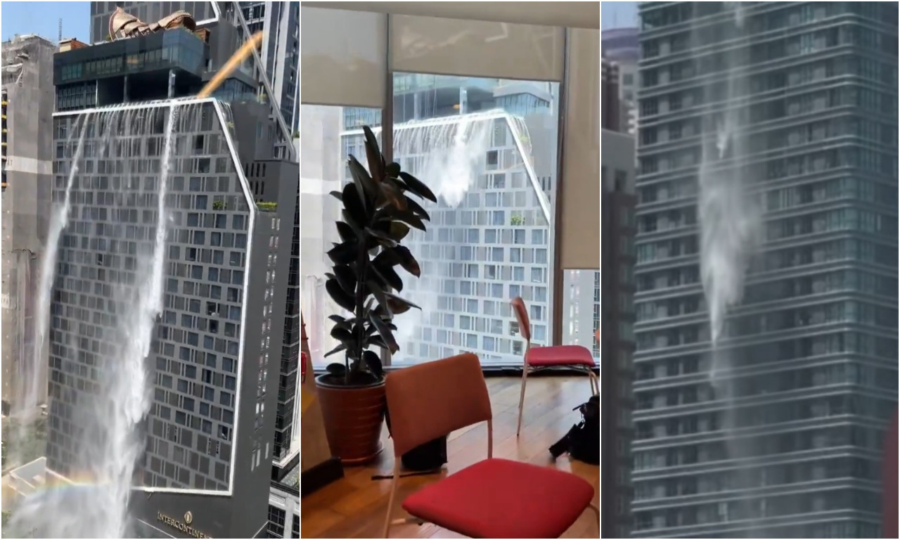 VODA IZ BAZENA SE U SLAPOVIMA SLIVA NIZ ZGRADU Snimak iz Bangkoka se munjevito širi mrežama (VIDEO)