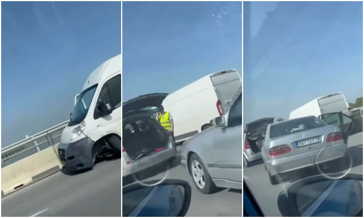 SAOBRAĆAJNI KOLAPS NA PUPINOVOM MOSTU Više vozila učestvovalo u sudaru, kombi ostao bez točka (VIDEO)