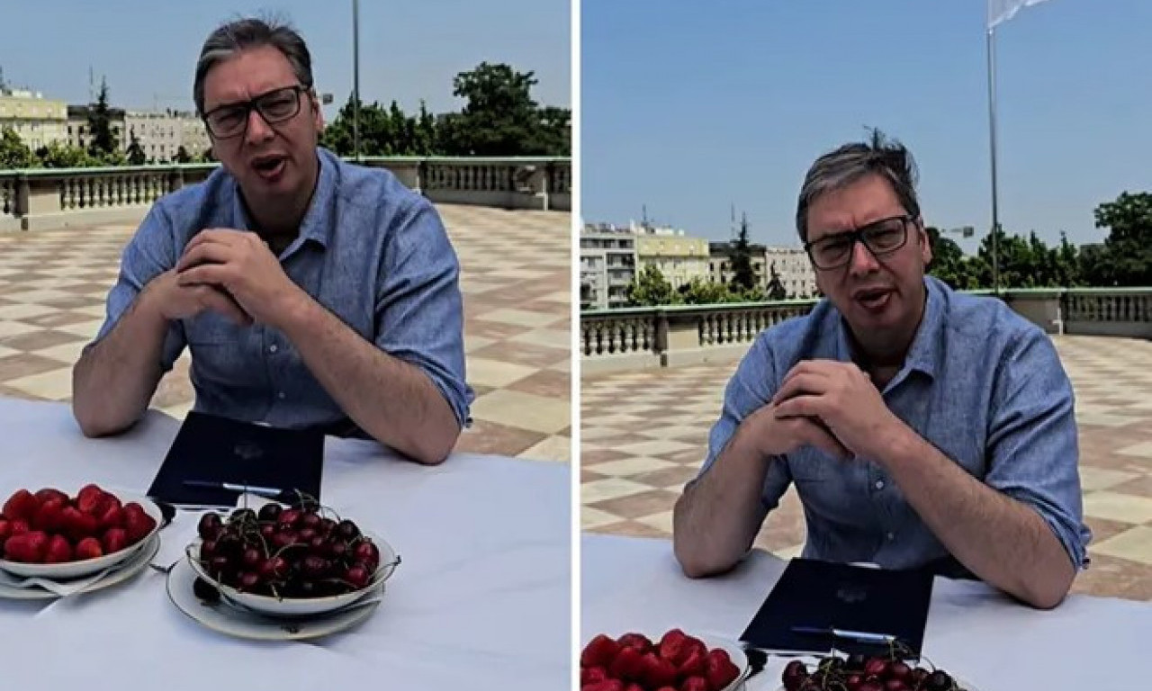 VUČIĆ SA PUNIM TANJIROM TREŠANJA I JAGODA Simbolika voća iznenađuje, evo šta je predsednik objasnio (VIDEO)