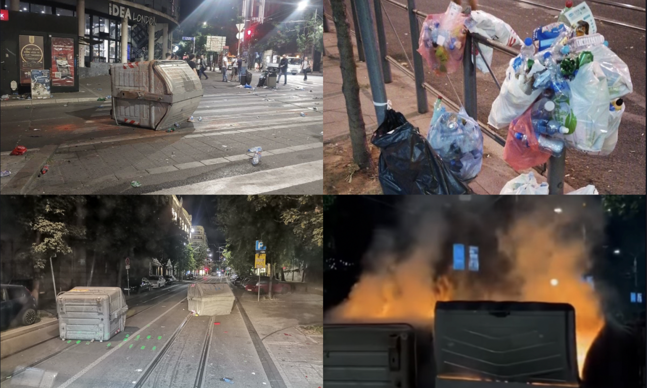 BEOGRAD PRETVOREN U DEPONIJU NAKON PROTESTA Zapaljeni kontejneri, centar grada unakažen, pogledajte haos na ulici (FOTO)