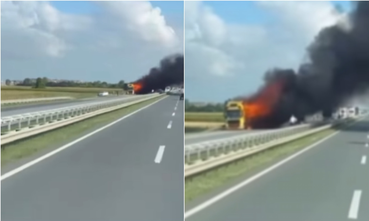 VELIKI POŽAR NASRED AUTO-PUTA Zastoj ka Beogradu! Gori kamion na putu (VIDEO)