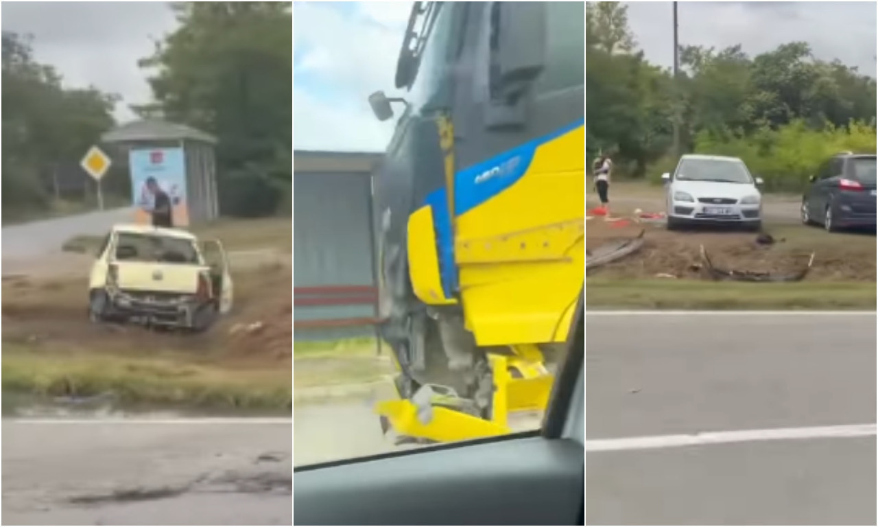 DELOVI VOZILA RASUTI SVUDA PO PUTU, PRIZORI SU STRAVIČNI! Žestoka saobraćajka na raskrsnici Maradik - Beška (VIDEO)