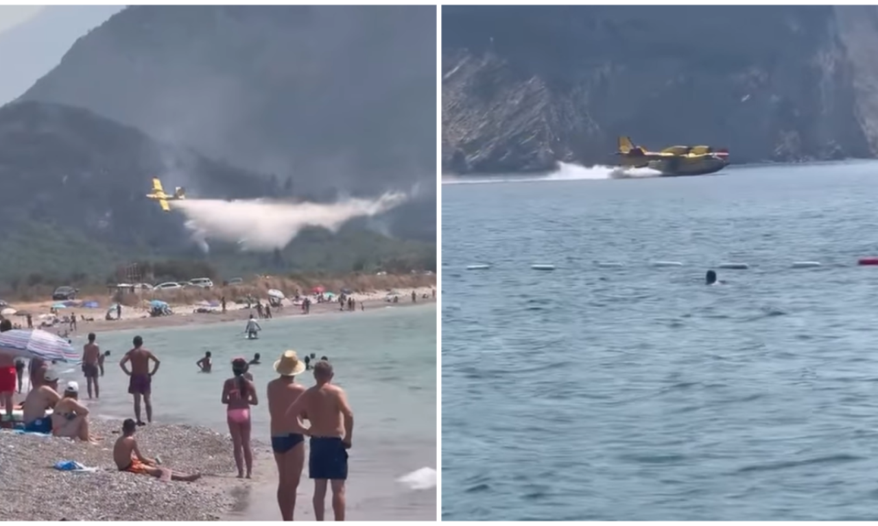 DRAMATIČAN SNIMAK NA CRNOGORSKOM PRIMORJU: Turisti se kupaju dok kanader gasi požare u pozadini