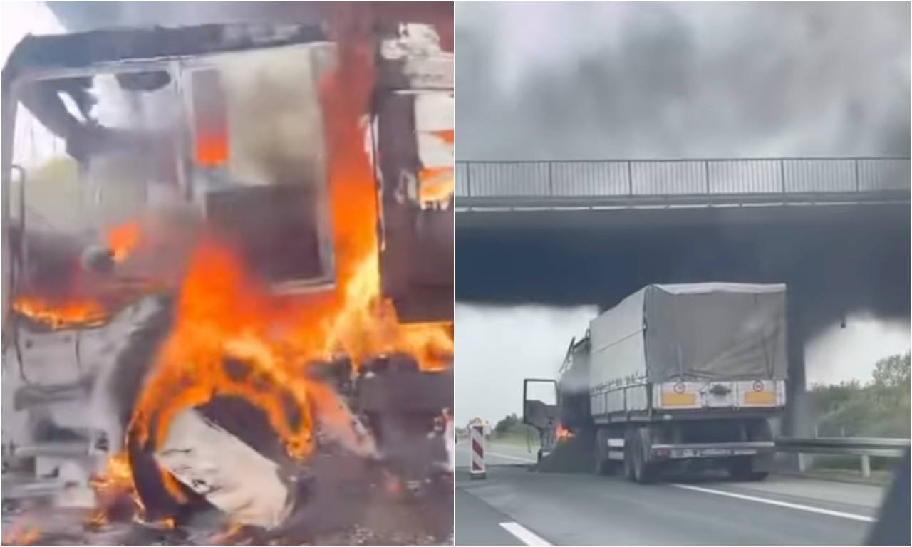 DRAMA NA AUTO-PUTU KA ŠIDU Plamen guta kamion, od kabine gotovo da ništa nije ostalo (VIDEO)