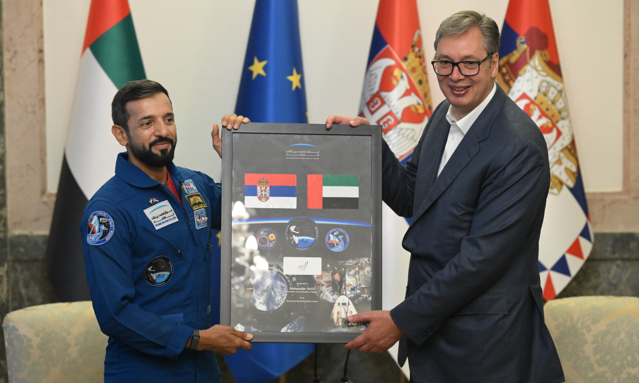VUČIĆ UGOSTIO MINISTRA OMLADINE UAE: Srdačan susret u Predsedništvu s prvim arapskim astronautom (FOTO)