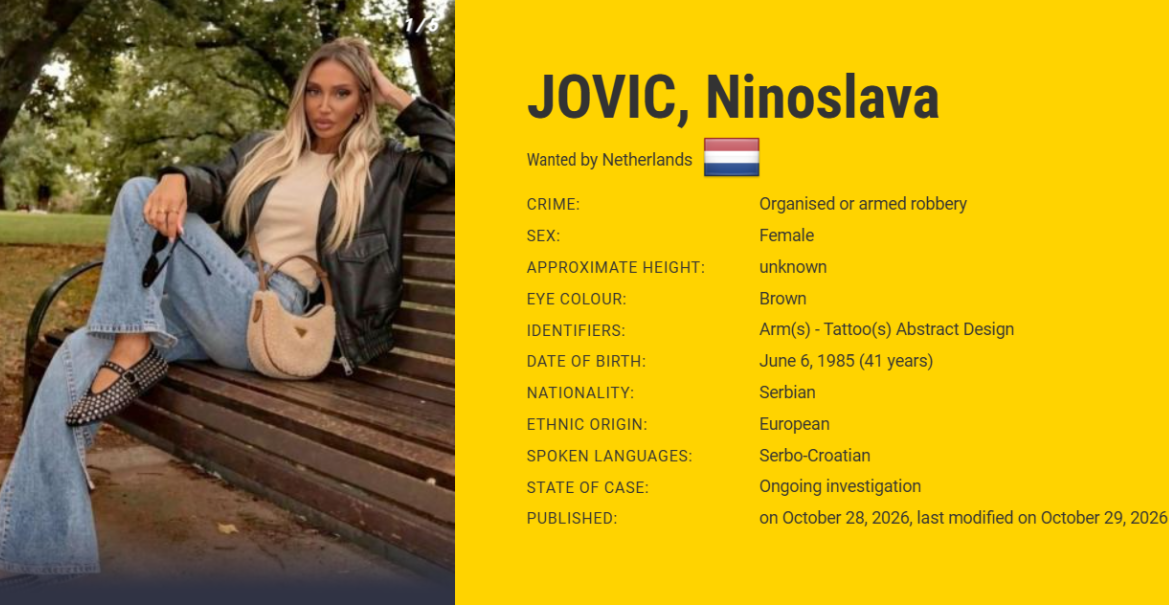 SRPKINJA NA LISTI NAJTRAŽENIJIH BEGUNACA EVROPE: Ninoslavu jure zbog pljačke, policija nudi ovu sumu za informacije o njoj
